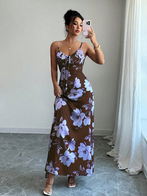 Vestido Longo De Alças Ajustáveis Estampado Floral Elegante