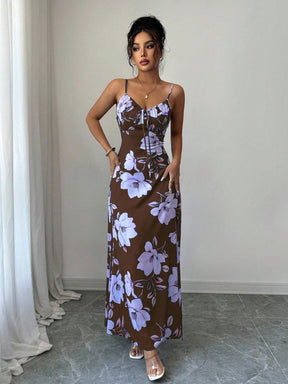 Vestido Longo De Alças Ajustáveis Estampado Floral Elegante