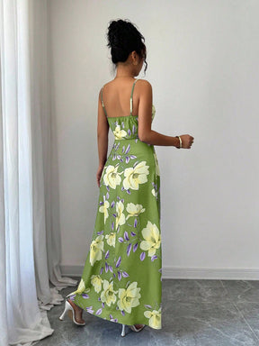 Vestido Longo De Alças Ajustáveis Estampado Floral Elegante