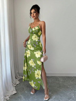 Vestido Longo De Alças Ajustáveis Estampado Floral Elegante