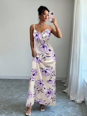 Vestido Longo De Alças Ajustáveis Estampado Floral Elegante