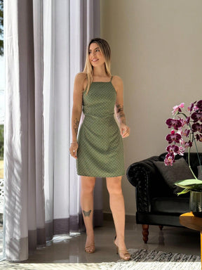 Vestido Curto Slip Dress Estampado Poá Alças Finas