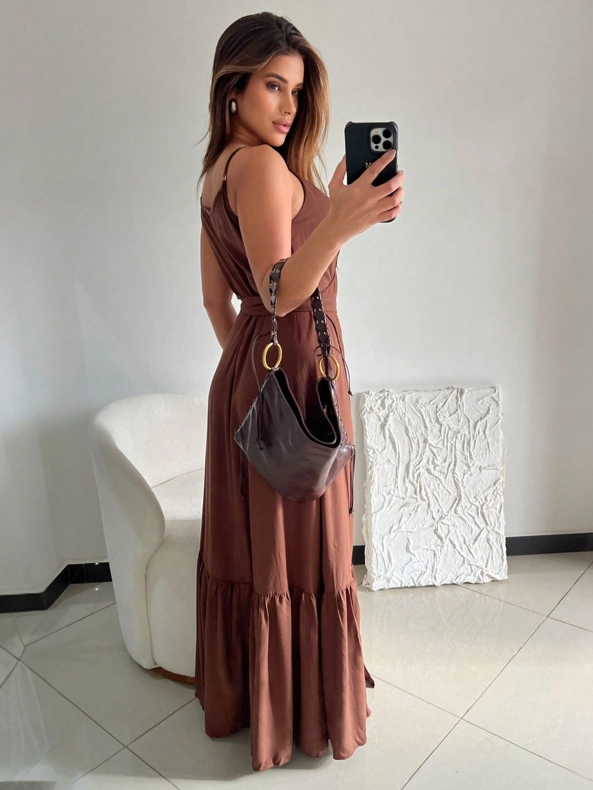 Vestido Longo Transpassado Com Fenda E Amarração Na Cintura