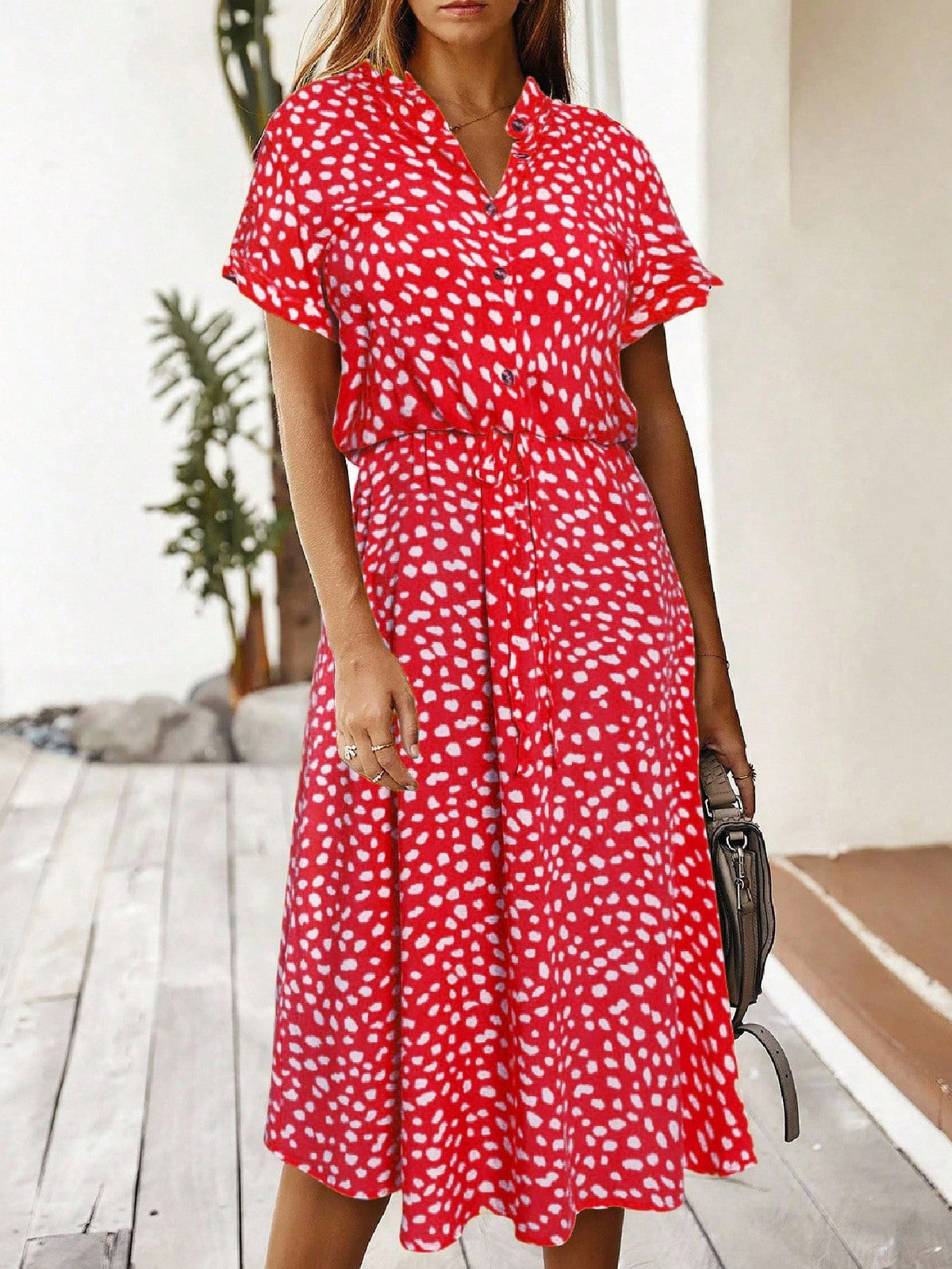 Vestido Midi Chemise Feminino Com Manga Curta