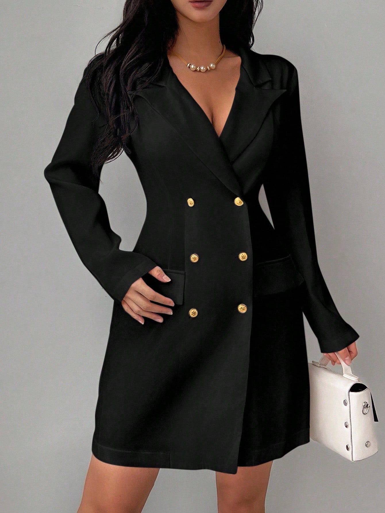 Vestido Blazer Curto Alfaiataria Manga Longa Com Botões