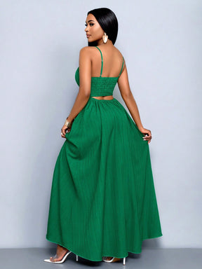 Vestido Longo Verde Com Alças Finas E Cintura Franzida