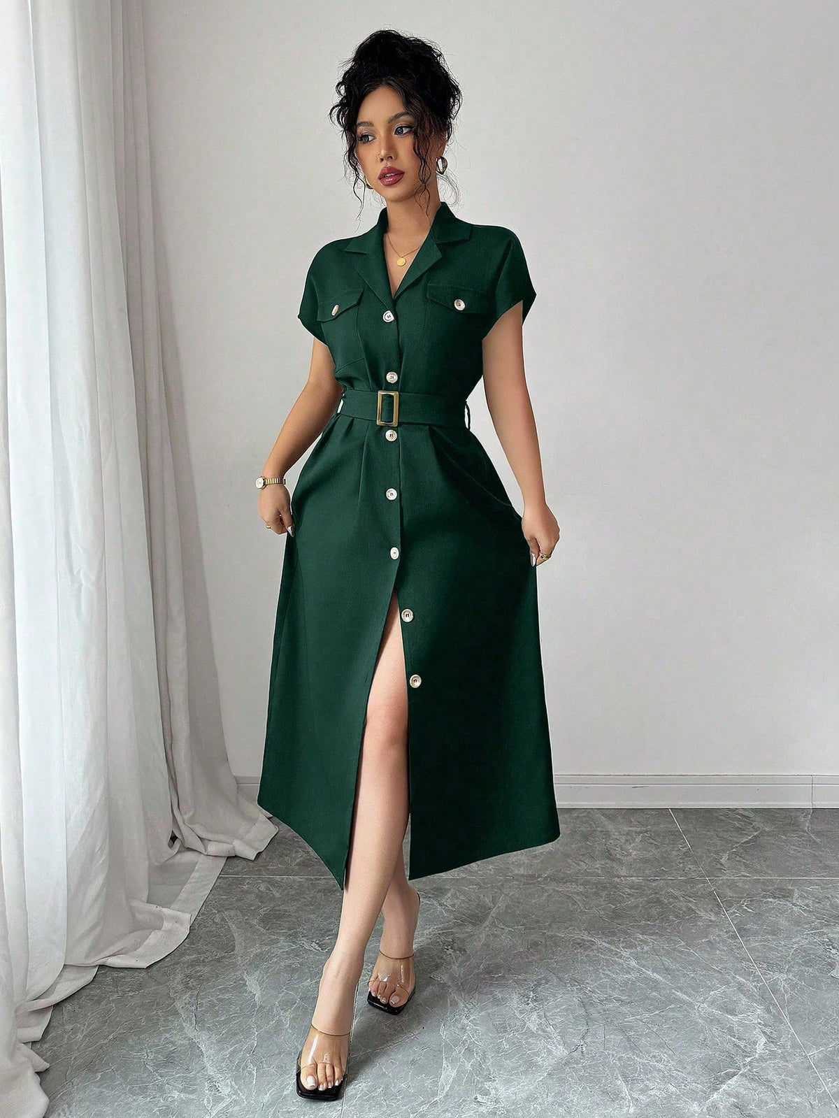 Vestido Midi Chemise Estilo Social Sofisticado