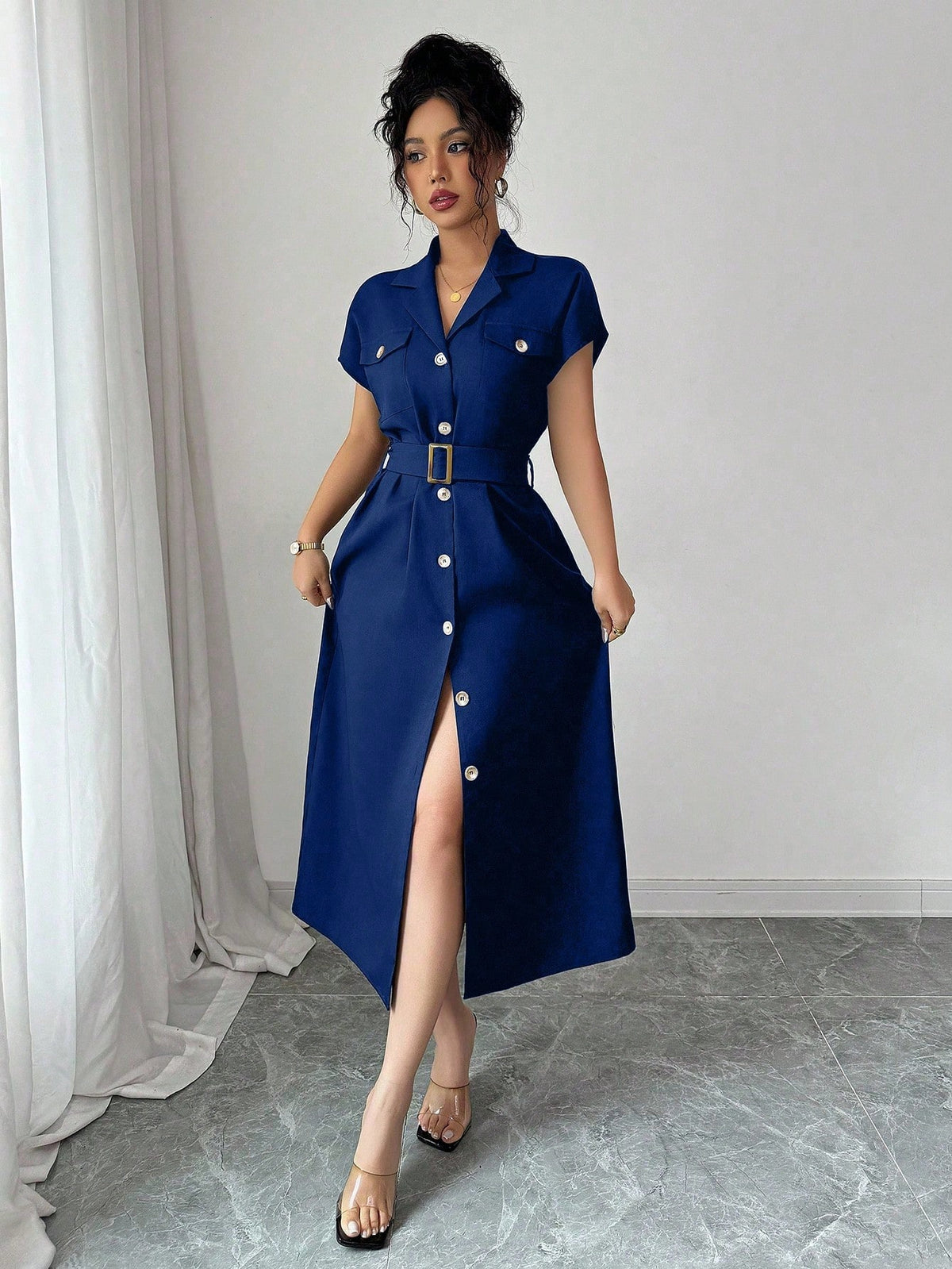 Vestido Midi Chemise Estilo Social Sofisticado