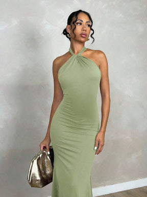 Vestido Midi Elegante Justo Com Decote Halter Torcido