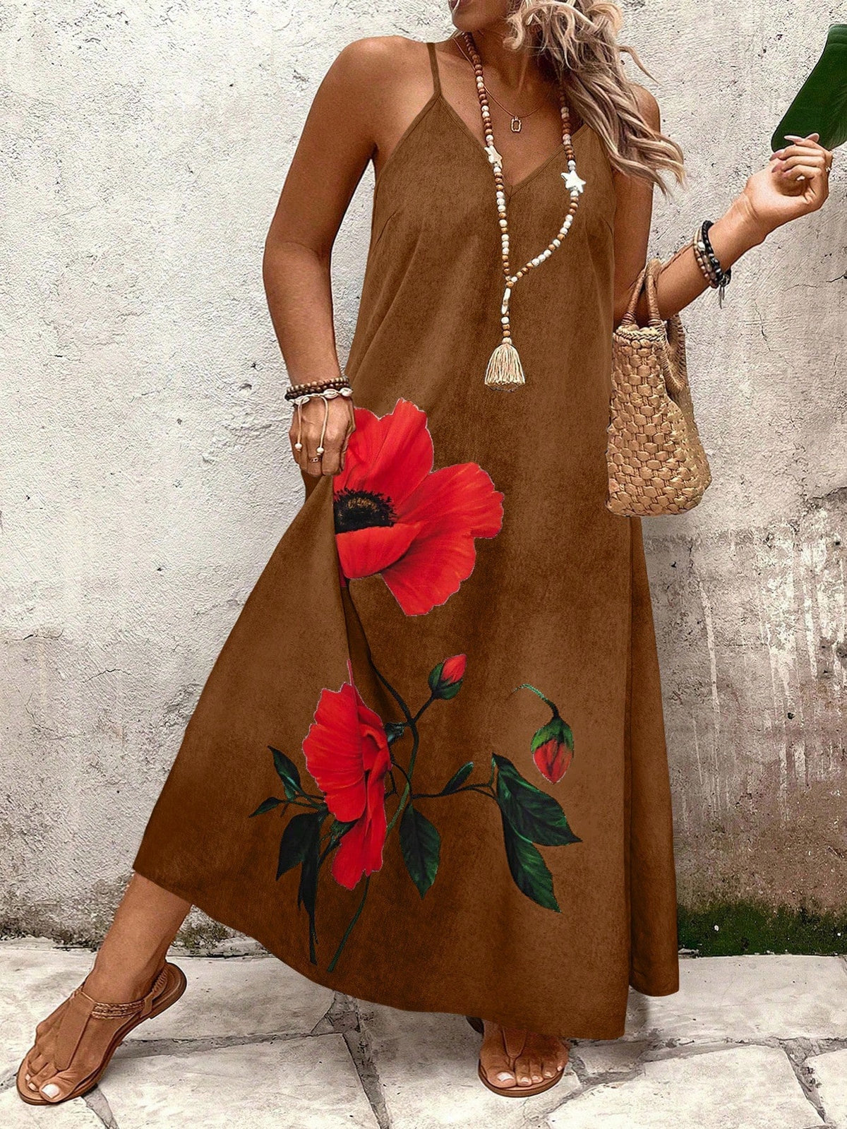 Vestido Longo Estampado Floral Alças Finas Estilo Boho