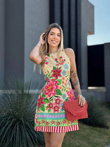 Vestido Curto Evasê Estampado Floral Com Alças Finas