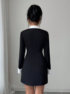 Vestido Blazer Curto Bicolor Alfaiataria Com Botões Elegante