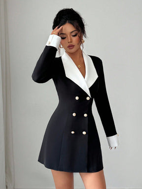 Vestido Blazer Curto Bicolor Alfaiataria Com Botões Elegante