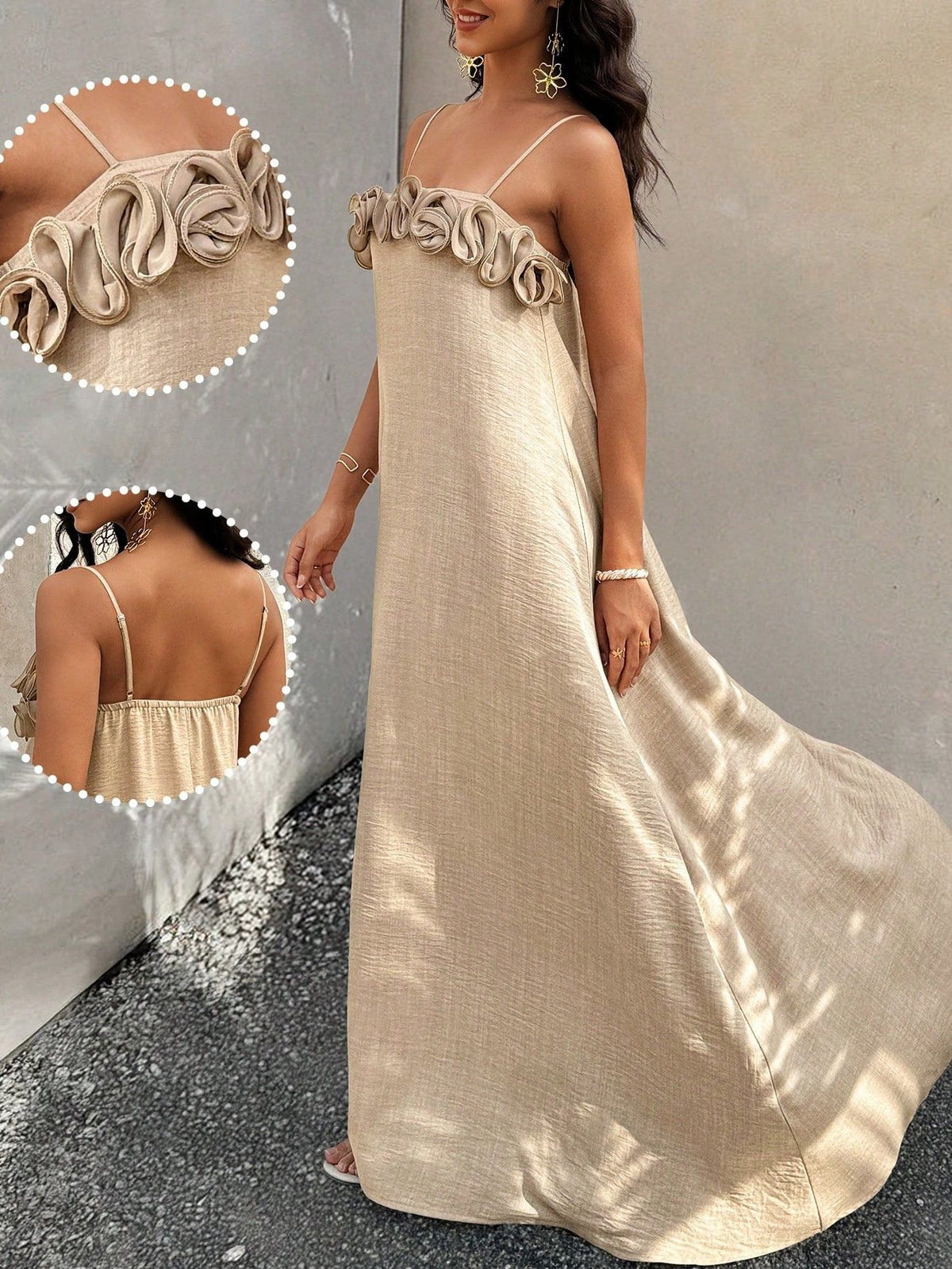 Vestido Longo De Alças Com Detalhe Floral No Decote