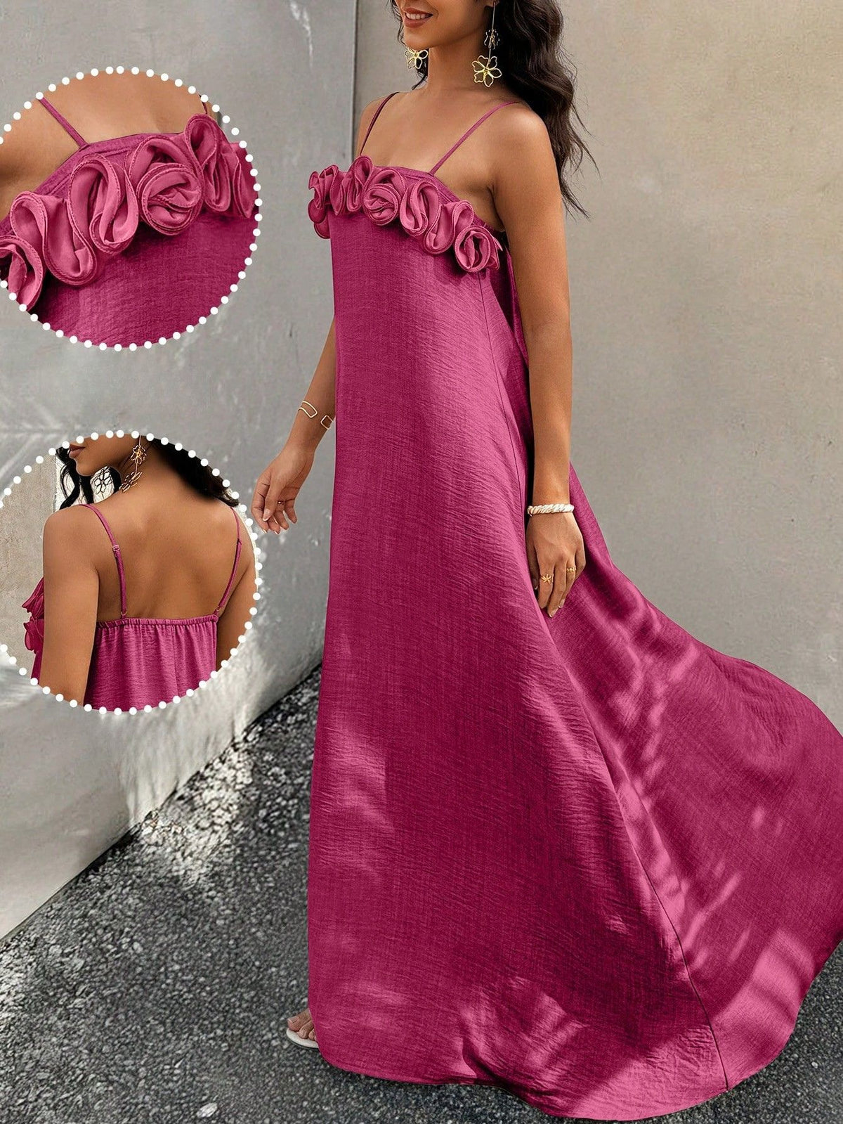 Vestido Longo De Alças Com Detalhe Floral No Decote