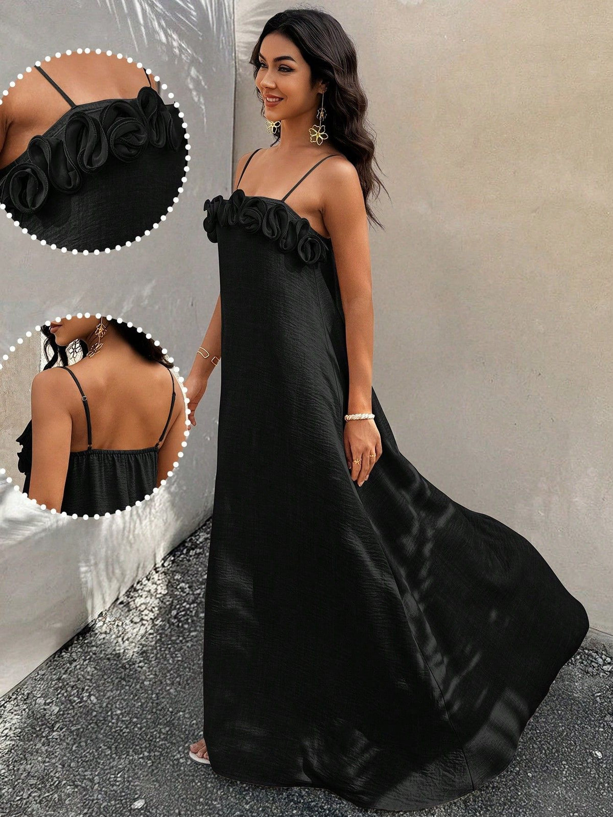 Vestido Longo De Alças Com Detalhe Floral No Decote