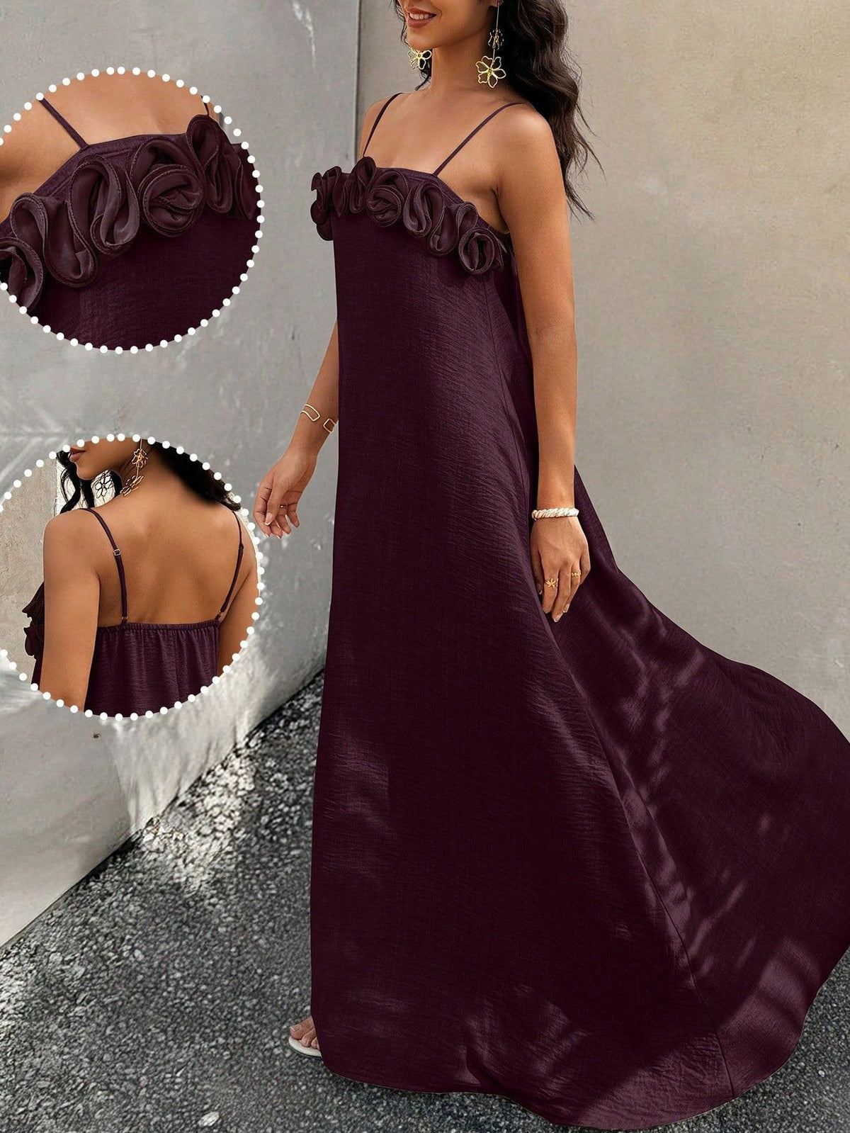 Vestido Longo De Alças Com Detalhe Floral No Decote