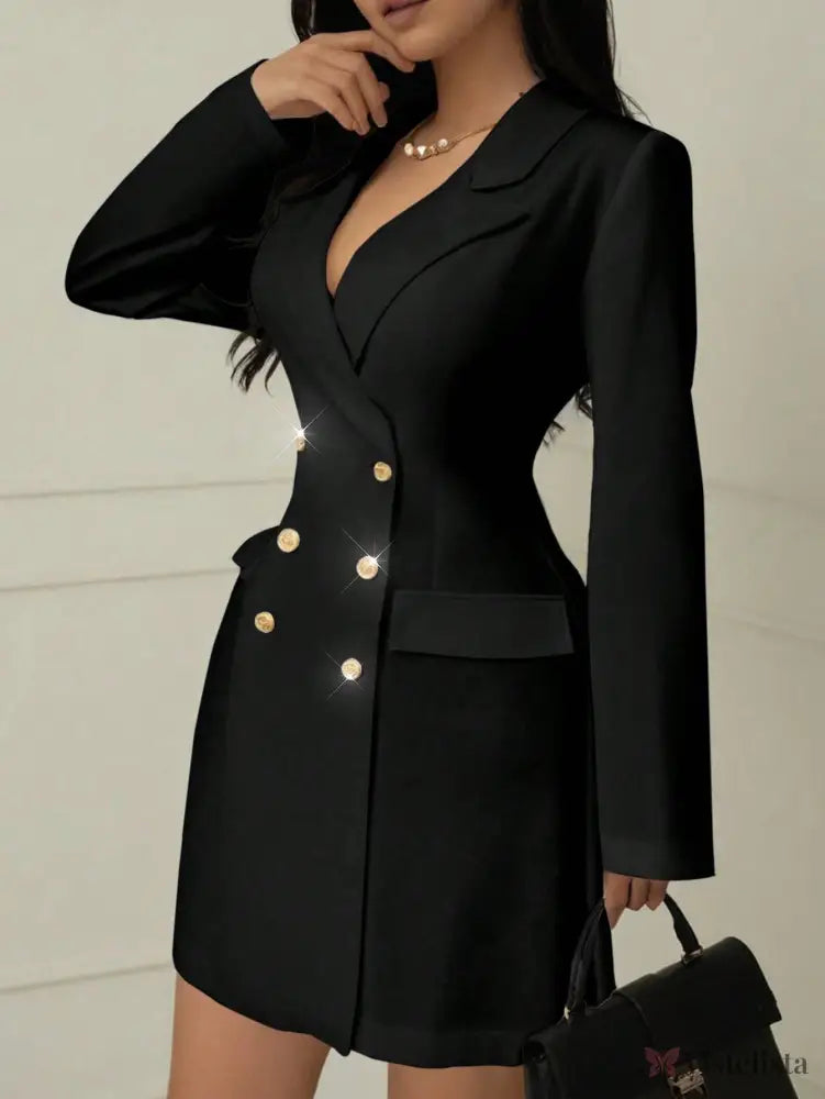Vestido Blazer Curto Alfaiataria Manga Longa Com Botões Preto / PP Vestido Blazer Curto Alfaiataria Manga Longa Com