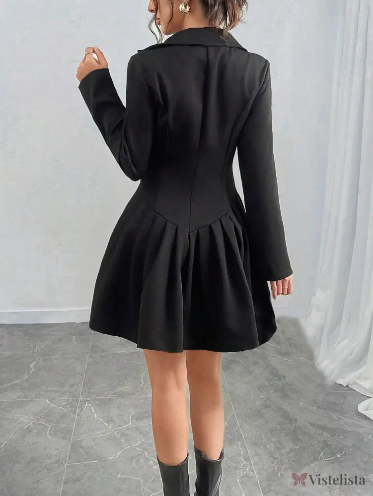 Vestido Blazer Curto Alfaiataria Plissado Com Botões Vestido Blazer Curto Alfaiataria Plissado Com Botões