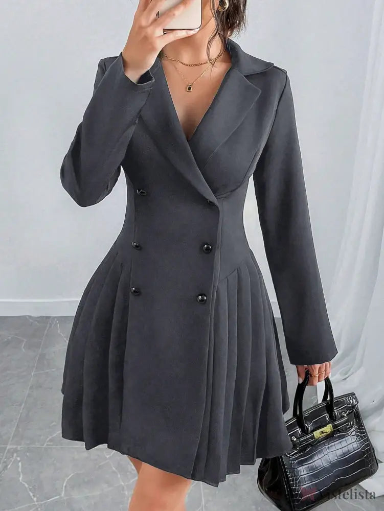 Vestido Blazer Curto Alfaiataria Plissado Com Botões Cinza Claro / PP Vestido Blazer Curto Alfaiataria Plissado Com