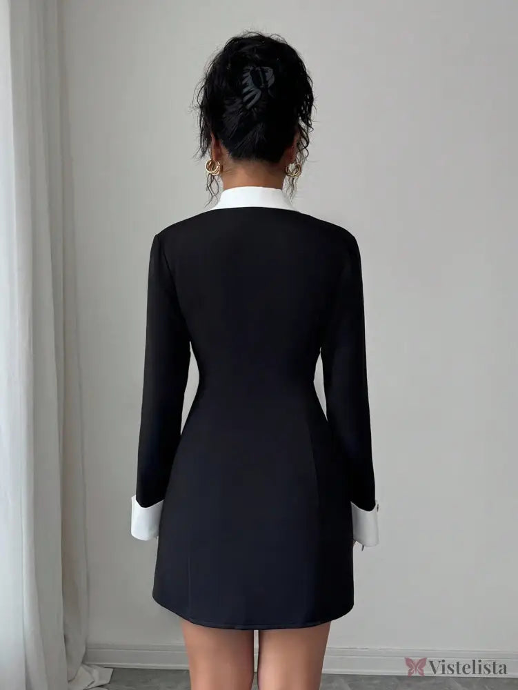 Vestido Blazer Curto Bicolor Alfaiataria Com Botões Elegante Vestido Blazer Curto Bicolor Alfaiataria Com Botões