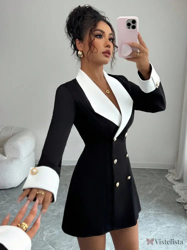 Vestido Blazer Curto Bicolor Alfaiataria Com Botões Elegante Preto / PP Vestido Blazer Curto Bicolor Alfaiataria Com