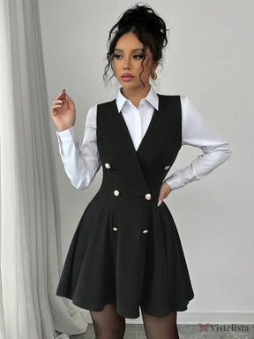 Vestido Blazer Curto Rodado Com Camisa Sobreposta Elegante Vestido Blazer Curto Rodado Com Camisa Sobreposta Elegante