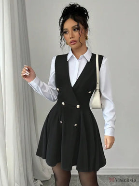 Vestido Blazer Curto Rodado Com Camisa Sobreposta Elegante Vestido Blazer Curto Rodado Com Camisa Sobreposta Elegante