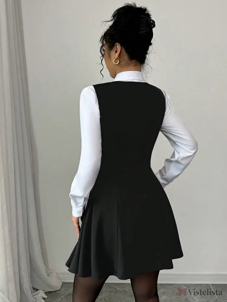 Vestido Blazer Curto Rodado Com Camisa Sobreposta Elegante Vestido Blazer Curto Rodado Com Camisa Sobreposta Elegante