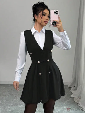 Vestido Blazer Curto Rodado Com Camisa Sobreposta Elegante Preto / PP Vestido Blazer Curto Rodado Com Camisa Sobreposta