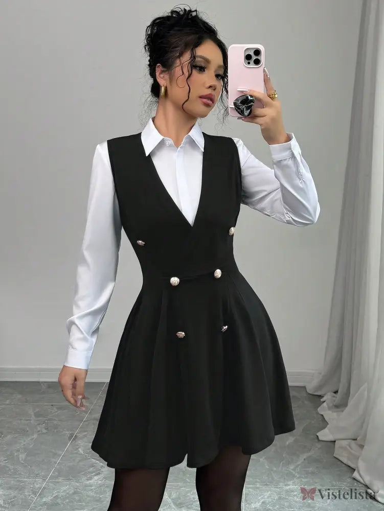 Vestido Blazer Curto Rodado Com Camisa Sobreposta Elegante Preto / PP Vestido Blazer Curto Rodado Com Camisa Sobreposta