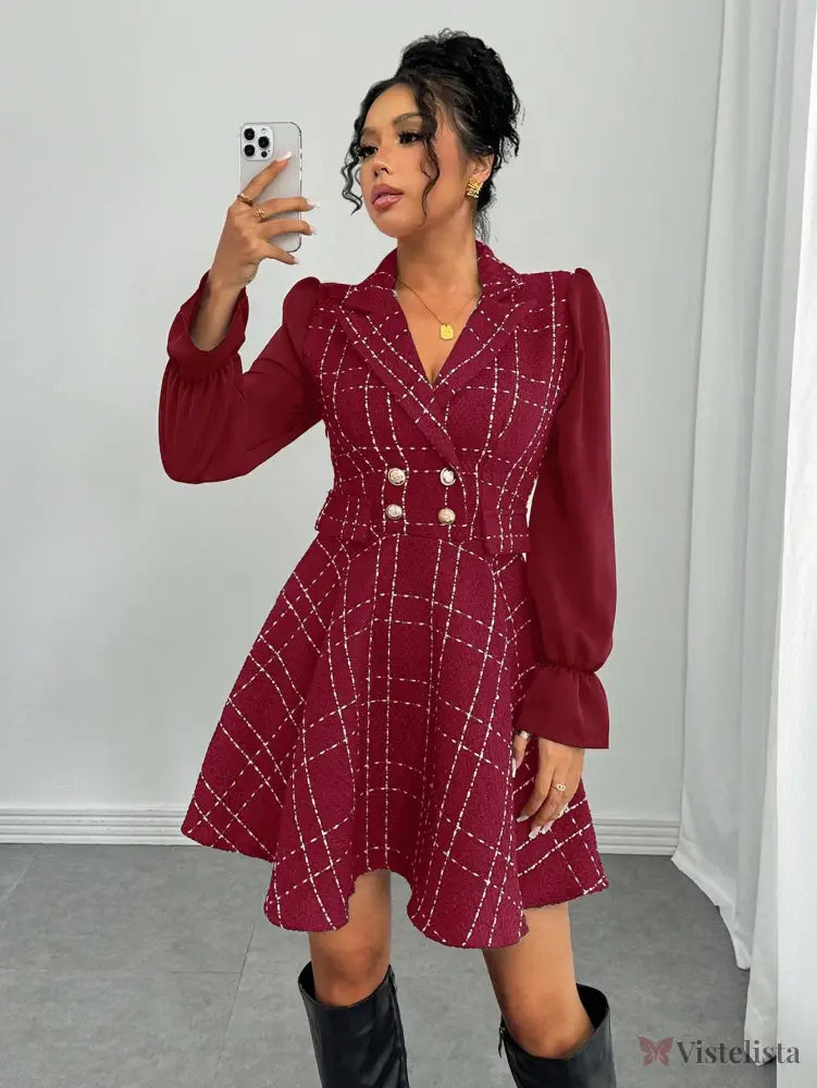 Vestido Blazer Curto Rodado Com Manga Longa E Botões Vinho / PP Vestido Blazer Curto Rodado Com Manga Longa E Botões