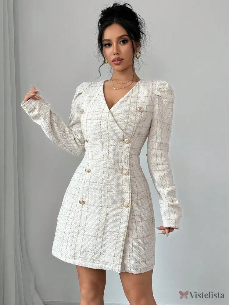 Vestido Blazer Curto Xadrez Manga Longa Com Botões Vestido Blazer Curto Xadrez Manga Longa Com Botões