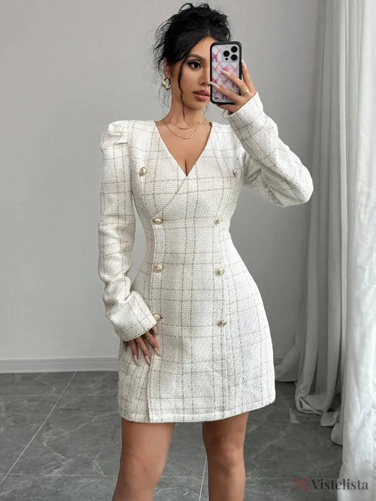 Vestido Blazer Curto Xadrez Manga Longa Com Botões Branco / PP Vestido Blazer Curto Xadrez Manga Longa Com Botões