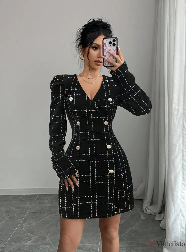 Vestido Blazer Curto Xadrez Manga Longa Com Botões Preto / PP Vestido Blazer Curto Xadrez Manga Longa Com Botões