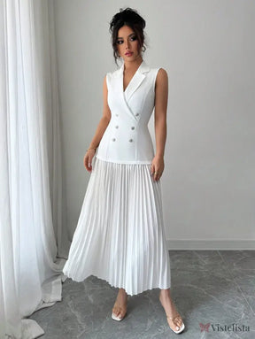 Vestido Blazer Longo Sem Manga Com Saia Plissada Elegante Vestido Blazer Longo Sem Manga Com Saia Plissada Elegante