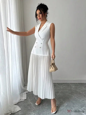 Vestido Blazer Longo Sem Manga Com Saia Plissada Elegante Vestido Blazer Longo Sem Manga Com Saia Plissada Elegante