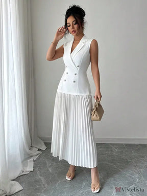 Vestido Blazer Longo Sem Manga Com Saia Plissada Elegante Vestido Blazer Longo Sem Manga Com Saia Plissada Elegante