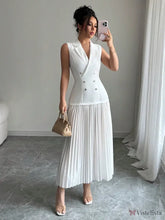 Vestido Blazer Longo Sem Manga Com Saia Plissada Elegante Branco / PP Vestido Blazer Longo Sem Manga Com Saia Plissada