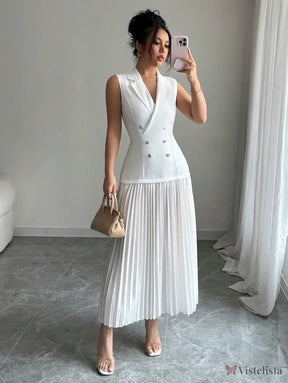 Vestido Blazer Longo Sem Manga Com Saia Plissada Elegante Branco / PP Vestido Blazer Longo Sem Manga Com Saia Plissada