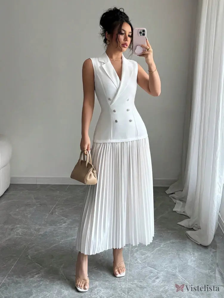 Vestido Blazer Longo Sem Manga Com Saia Plissada Elegante Branco / PP Vestido Blazer Longo Sem Manga Com Saia Plissada