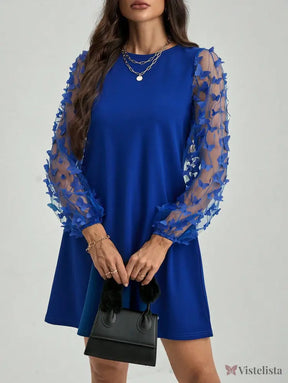Vestido Curto Azul Com Mangas Transparentes Bordadas Vestido Curto Azul Com Mangas Transparentes Bordadas