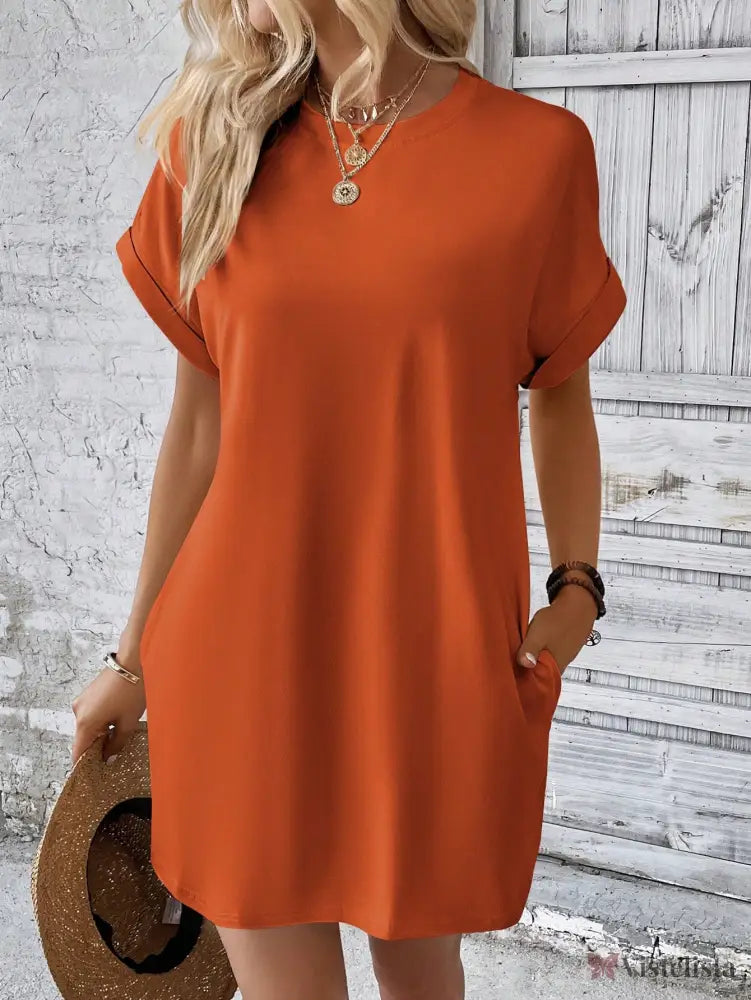 Vestido Curto Básico Verde Com Bolsos Laterais Laranja Queimado / PP Vestido Curto Básico Verde Com Bolsos Laterais