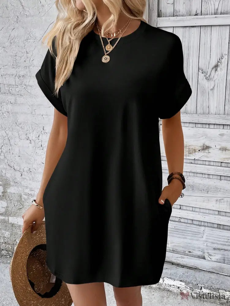 Vestido Curto Básico Verde Com Bolsos Laterais Preto / PP Vestido Curto Básico Verde Com Bolsos Laterais