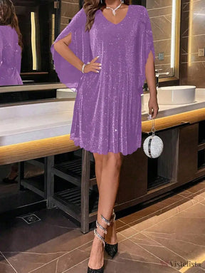 Vestido Curto Brilho Decote V Com Manga Solta Elegante Vestido Curto Brilho Decote V Com Manga Solta Elegante