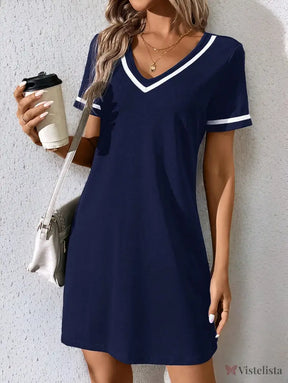 Vestido Curto Casual Decote V Com Detalhe Esportivo Azul / PP Vestido Curto Casual Decote V Com Detalhe Esportivo