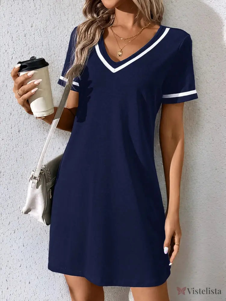 Vestido Curto Casual Decote V Com Detalhe Esportivo Azul / PP Vestido Curto Casual Decote V Com Detalhe Esportivo