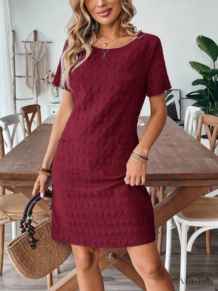 Vestido Curto Casual Texturizado Com Bolsos Vinho / PP Vestido Curto Casual Texturizado Com Bolsos