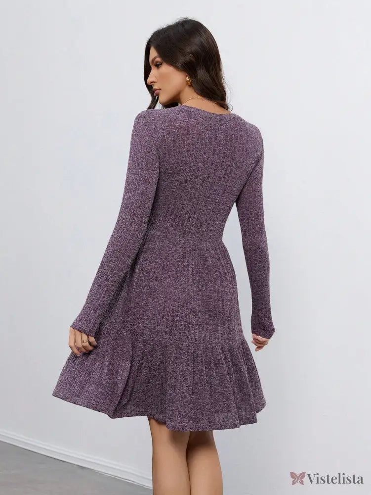 Vestido Curto De Manga Longa Com Cinto E Saia Rodada Vestido Curto De Manga Longa Com Cinto E Saia Rodada