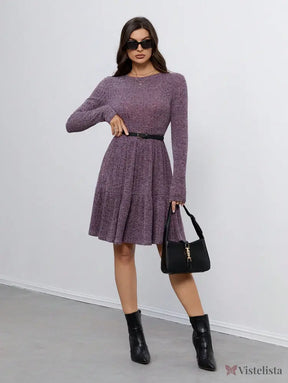 Vestido Curto De Manga Longa Com Cinto E Saia Rodada Vestido Curto De Manga Longa Com Cinto E Saia Rodada